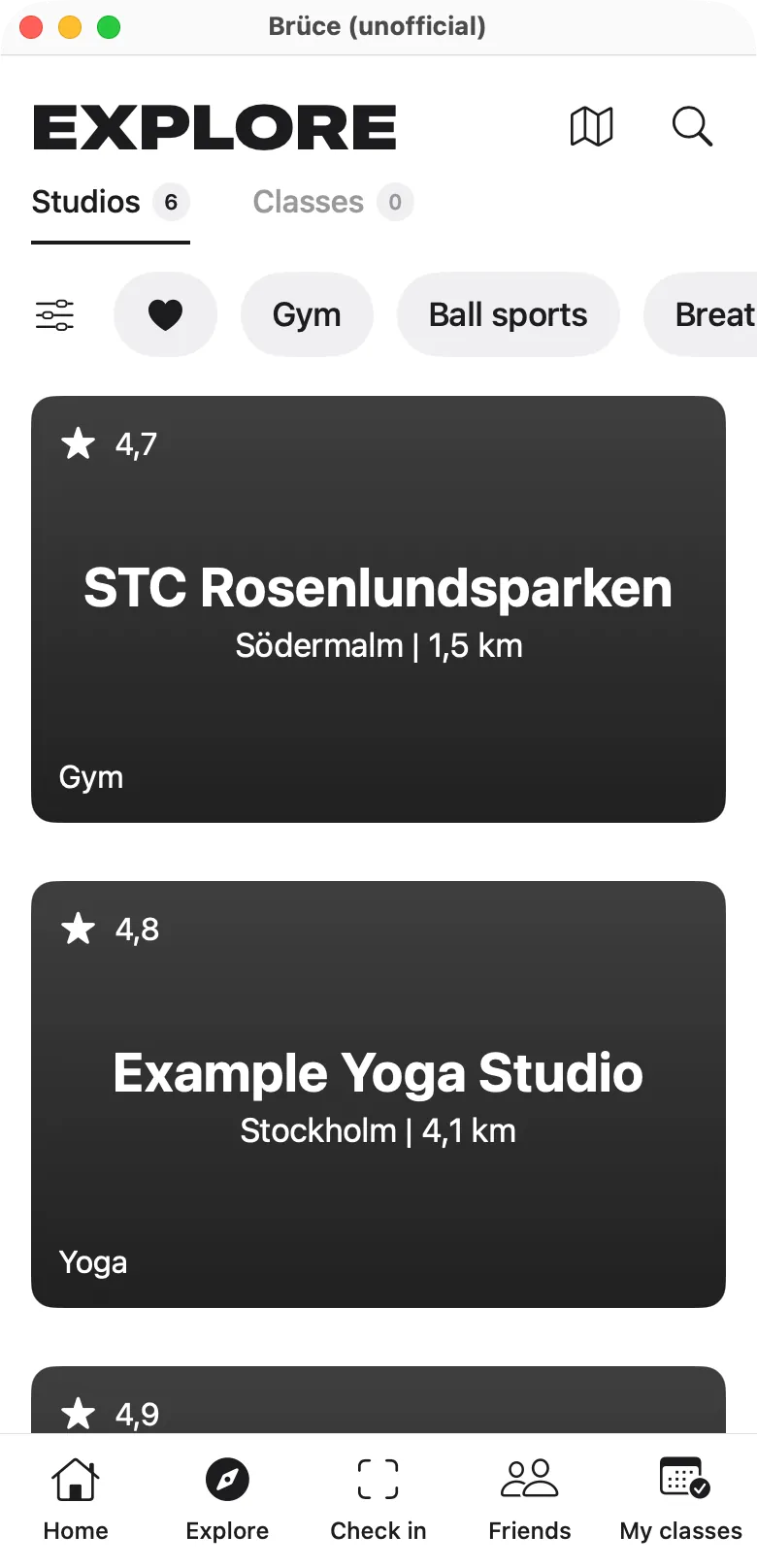 The macOS app window showing the Explore list of studios.