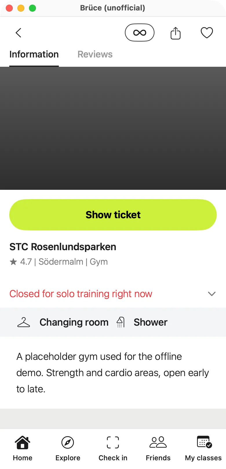 The macOS app window showing a studio page with a Show ticket button.